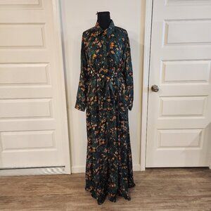 Unique Vintage Green Leaf Print Maxi Shirt Dress – Size M (6–8)
